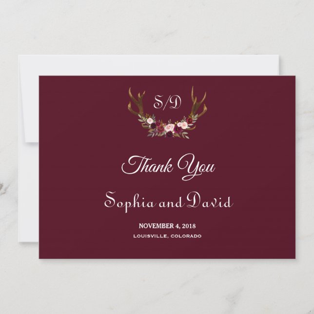 Chic Marsala Floral Antlers Wedding Vielen Dank Dankeskarte (Vorderseite)