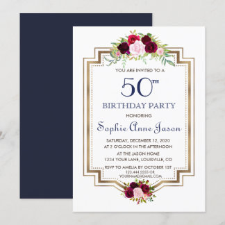 Chic Marsala Floral Navy Blue Gold 50. Geburtstag Einladung