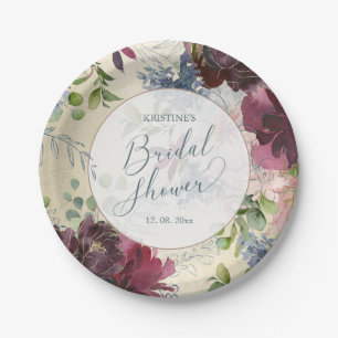 Chic Marsala Floral Watercolor Gold Brautparty Pappteller
