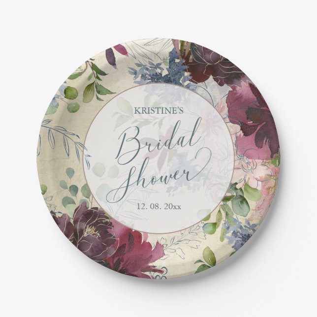 Chic Marsala Floral Watercolor Gold Brautparty Pappteller (Vorderseite)