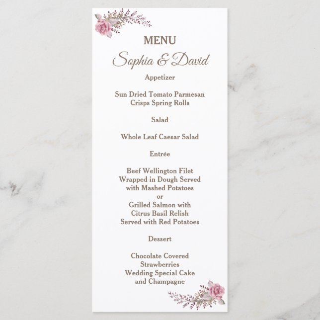 Chic Marsala Maroon Floral Aquarelle Menu Mariage (Devant)