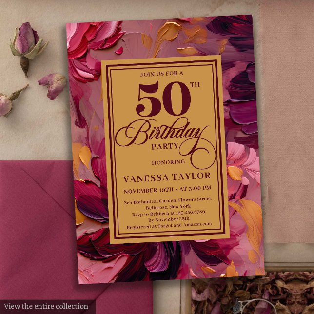 Chic marsala rot Gold Blüte 50. Geburtstag Einladung (Chic marsala blush gold floral 50th birthday invitation

)
