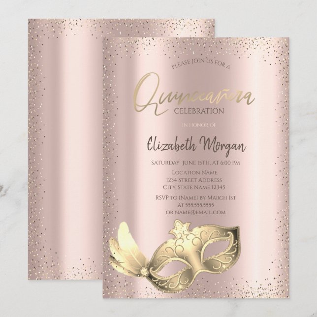 Chic Masque, Confetti Rose Gold Quinceñera Einladung (Vorne/Hinten)