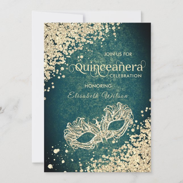Chic Masquerade Diamond Luxus Quinceañera grün Einladung (Vorderseite)