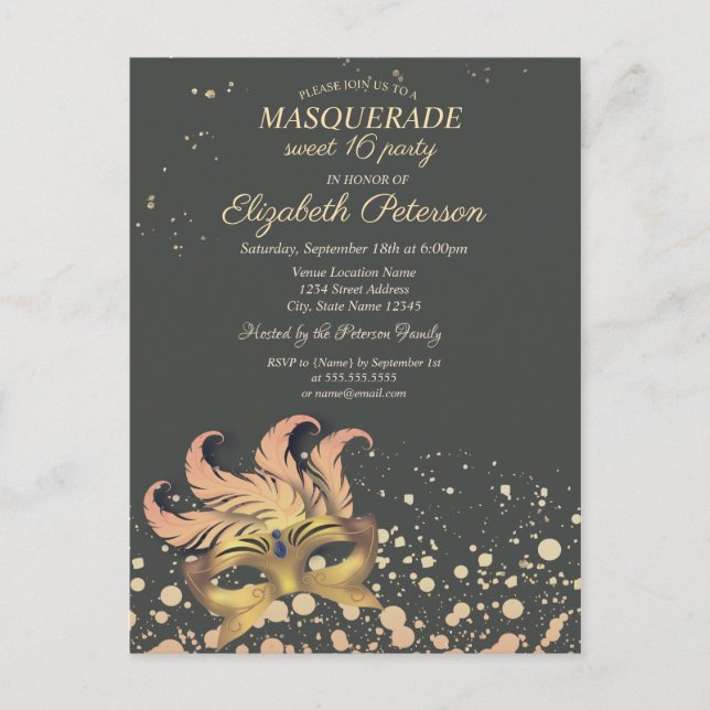 Chic Masquerade, Dots, Masque Sweet 16 Einladungspostkarte (Vorderseite)