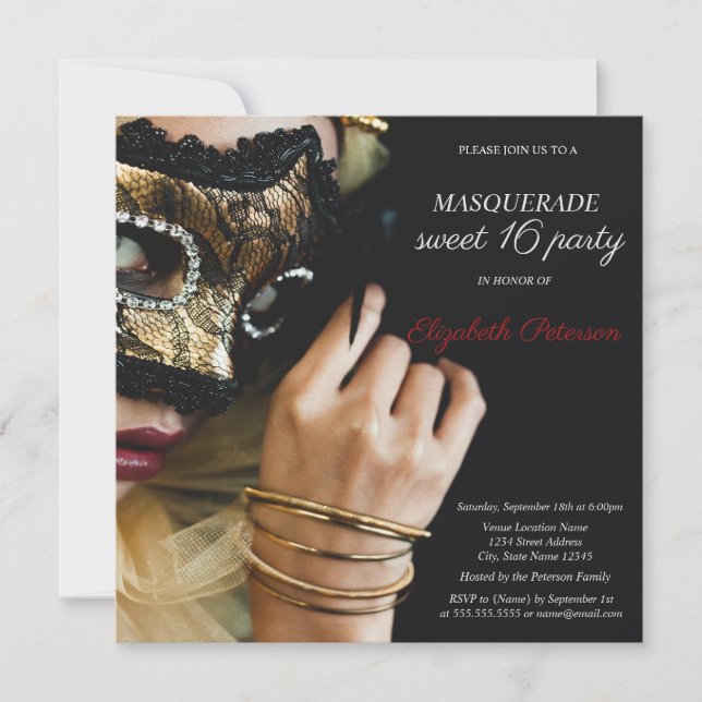 Chic Masquerade Girl Masque Black Sweet 16 Einladung (Vorderseite)