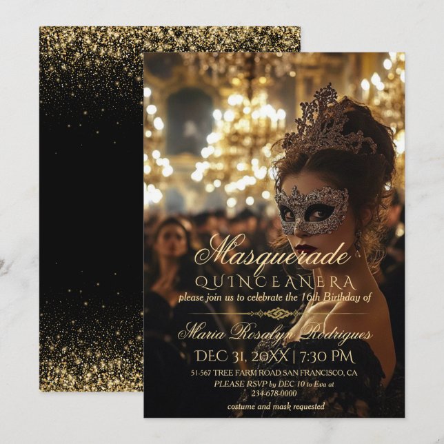 Chic Masquerade Gold Quinceanera Foto Einladung (Vorne/Hinten)