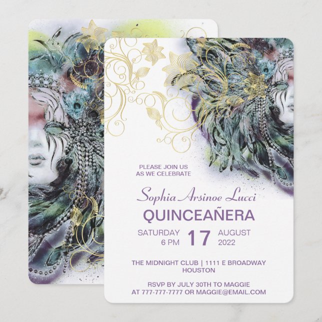 Chic Masquerade Gold Quinceñera Party Einladung (Vorne/Hinten)