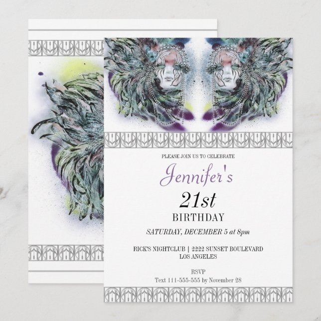 Chic Masquerade Masken Birthday Einladung (Vorne/Hinten)