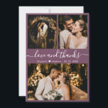 Chic Mauve Elegantes Script 3 Foto Collage Wedding Dankeskarte<br><div class="desc">Modernes, elegantes "Liebe und Dank" Script Mauve Wedding 3 Foto Collage Danke Karte. Stilvolle, schicke Hochzeitsvorlage mit drei (3) Foto auf der Vorderseite und einem (1) Foto auf der Rückseite. Mit dem Text "Liebe und Dank"-Skript in einer Wirblen kursiven Hand gezeichnet Typografie Swash-Schwanz-Schriftart in weißer Farbe auf Lila oder staubigen...</div>