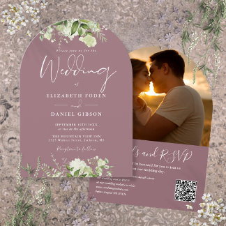 Chic Mauve Greenery QR Foto Arch Wedding Einladung