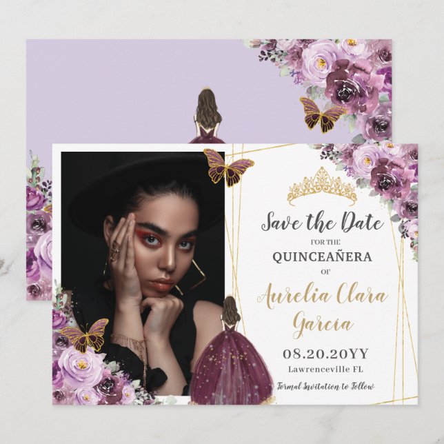 Chic Mauve Plum Lila Floral Quinceñera Foto Sa Save The Date (Vorne/Hinten)