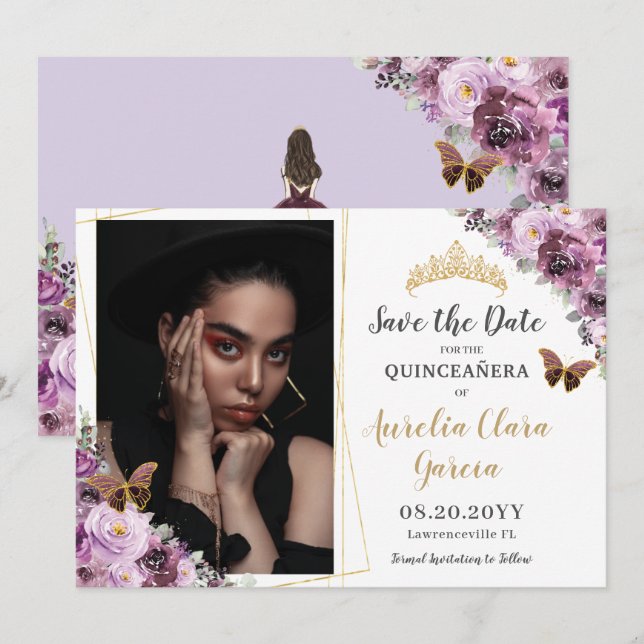 Chic Mauve Plum Lila florales Quinceañera Foto Save The Date (Vorne/Hinten)