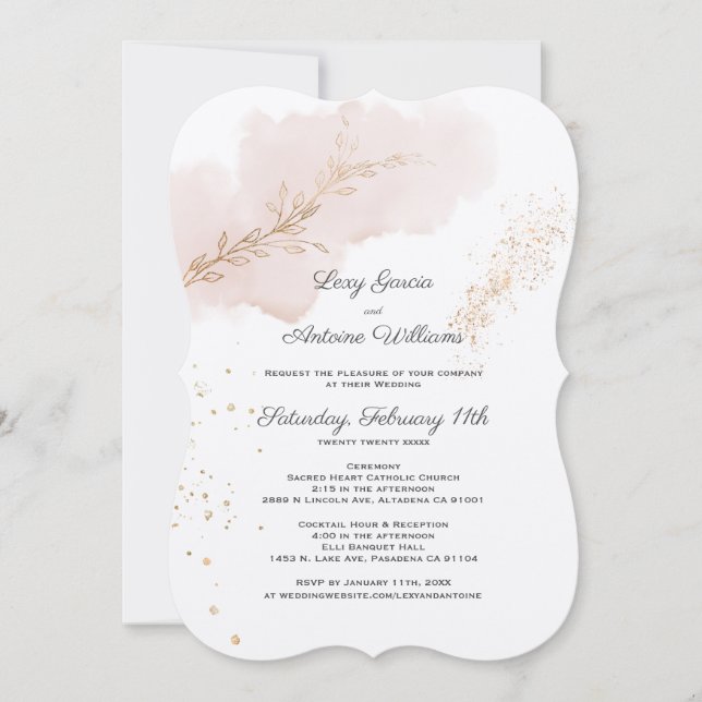 Chic Mauve Wash Gold Blätter Goldstaub Hochzeit Einladung (Vorderseite)