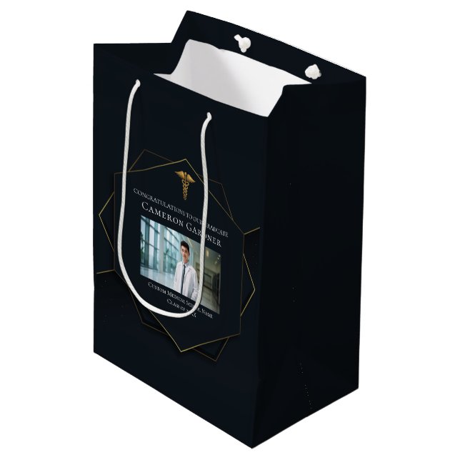 Chic Medical School Foto Abschluss Black Gold Mittlere Geschenktüte (Vorderseite Schrägansicht)