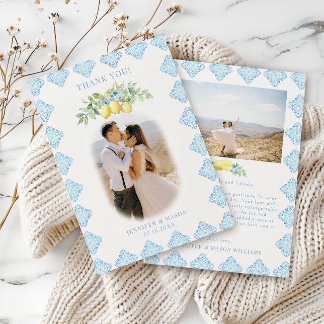 Chic Mediterranean Blue Tile Lemon Wedding Foto Dankeskarte (Von Creator hochgeladen)