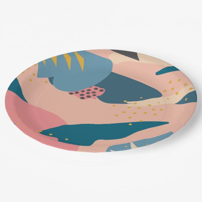 Chic Memphis Style Abstrakt Gold Pink und Aquamari Pappteller (Schrägansicht)