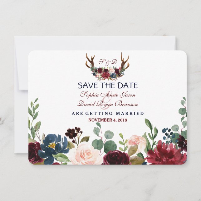 Chic Merlot Navy Blue Floral Antlers Save the Date (Vorderseite)