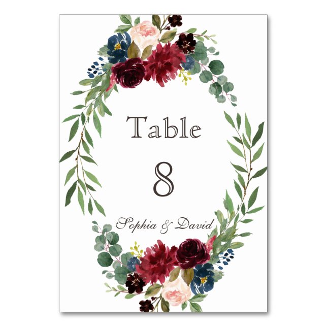 Chic Merlot Navy Blue Floral Tischnummer (Vorderseite)