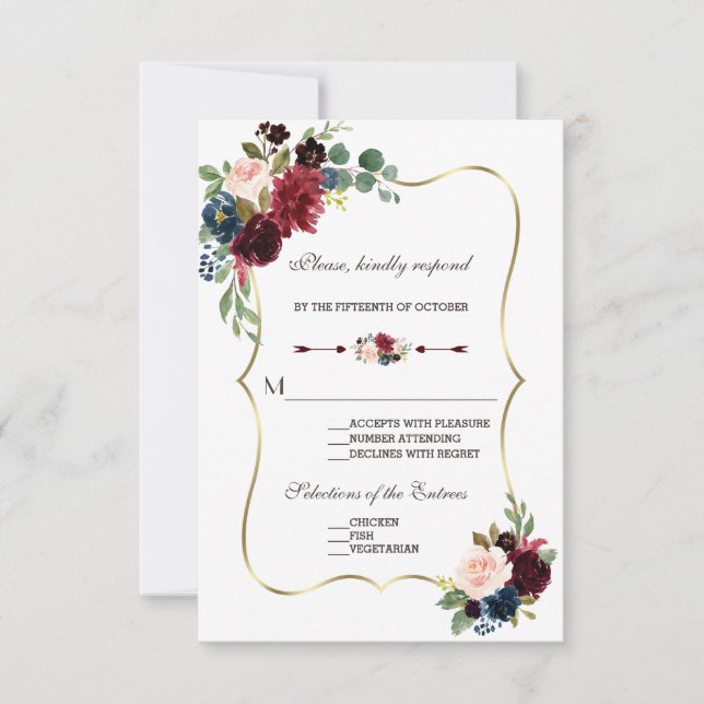 Chic Merlot Navy Blue Floral Wedding RSVP (Vorderseite)