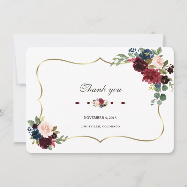 Chic Merlot Navy Blue Floral Wedding Vielen Dank Einladung (Vorderseite)