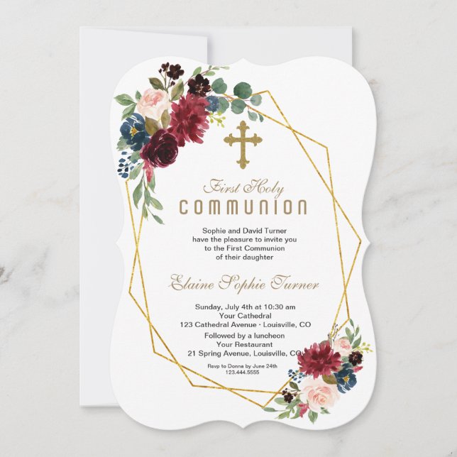 Chic Merlot Navy Floral Gold Rahmen Heilige Kommun Einladung (Vorderseite)