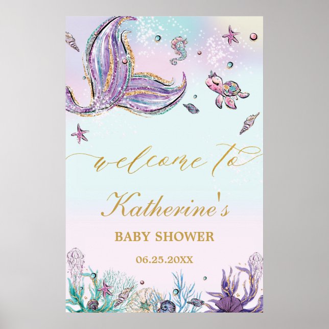 Chic Mermaid Baby Dusche unter dem Meer Willkommen Poster (Vorne)