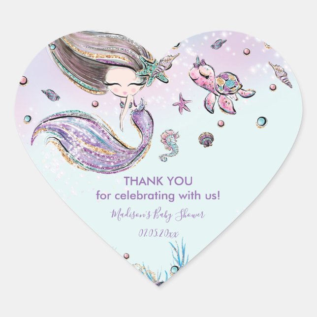 Chic Mermaid Birthday Baby Dusche Vielen Dank für  Herz-Aufkleber (Vorderseite)