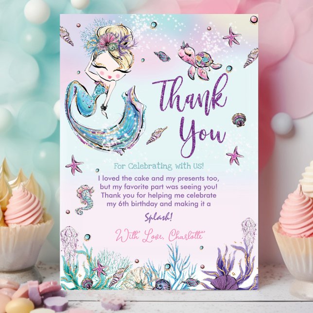 Chic Mermaid Under Sea Birthday Baby Shower Dankeskarte (whimsical-blonde-mermaid-under-the-sea-creatures-birthday-party-baby-shower-thank-you-cards-printed)