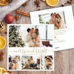 Chic Merry and Bright Gold Script 4 Foto Collage Feiertagskarte<br><div class="desc">Elegantes "Merry and Bright" Gold Script 4 Foto Collage Weihnachtskarte. Diese stilvolle, minimalistische Urlaubskarte verfügt über vier Foto vorne und ein Foto hinten. Die Vorderseite zeigt einen skurrilen "Merry and Bright" Gruß in einem eleganten goldgelben, handgeschriebenen Skript auf einem sauberen weißen Hintergrund. Auf der Rückseite befindet sich ein anpassbarer Grußtext...</div>