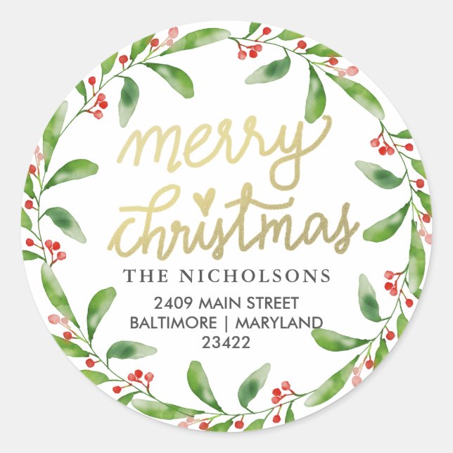 Chic Merry Christmas Holly Wreath | RÜCKSENDEADRES Runder Aufkleber (Vorderseite)