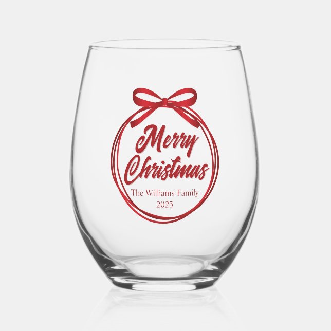 Chic Merry Christmas Red Ribbon Bow Custom Weinglas Ohne Stiel (Vorderseite)