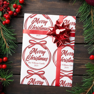 Chic Merry Christmas Script Red Ribbon Bow Geschenkpapier