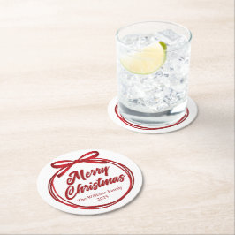 Chic Merry Christmas Script Red Ribbon Bow Party Runder Pappuntersetzer