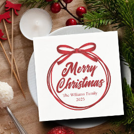 Chic Merry Christmas Script Red Ribbon Bow Party Serviette