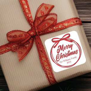 Chic Merry Christmas Script Red Ribbon Bow Quadratischer Aufkleber