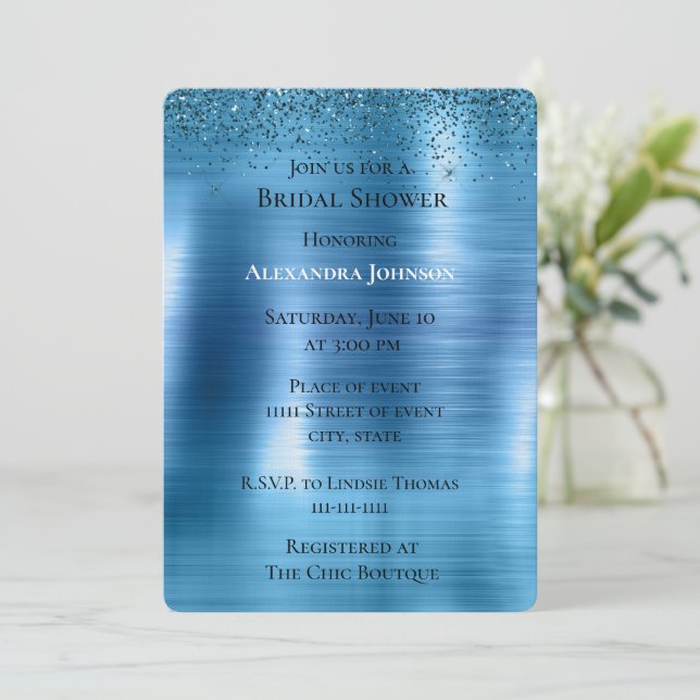 Chic Metallic Aqua Blue Glitzer Brautparty Einladung (Stehend Vorderseite)