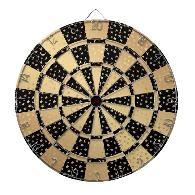Chic Metallic Gold Stars Moons Black Dartscheibe (vorne)