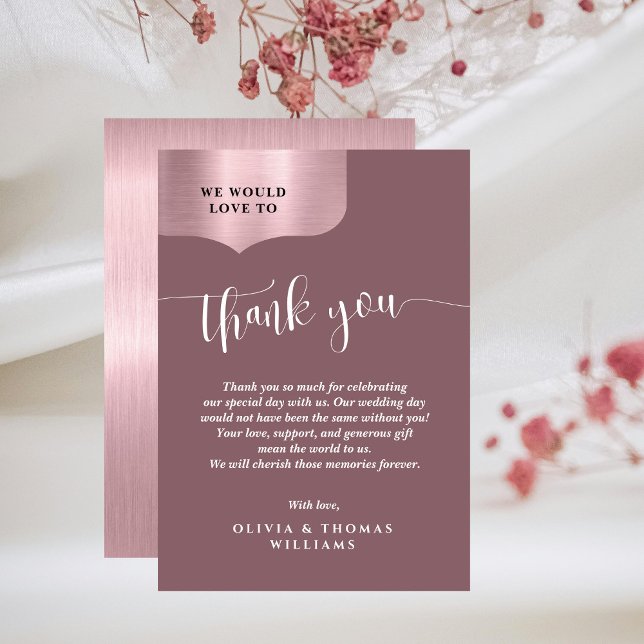 Chic Metallic Rose Gold Script Wedding Dankeskarte (Von Creator hochgeladen)