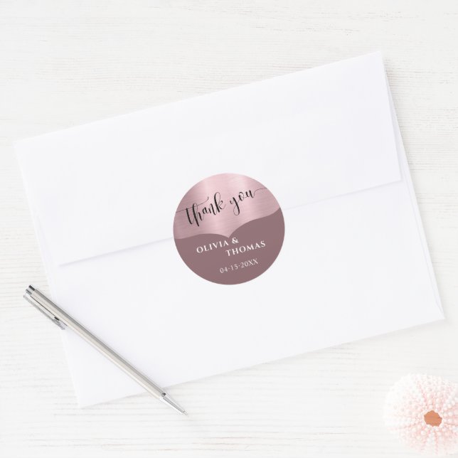 Chic Metallic Rose Gold Script Wedding Vielen Dank Runder Aufkleber (Umschlag)