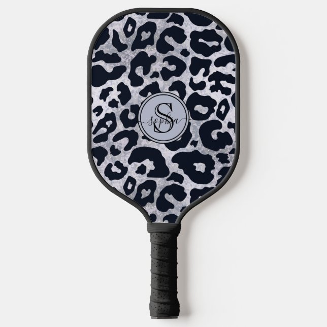 Chic Metallic Silver Gray Black Leopard Print Pickleball Schläger (Vorderseite)
