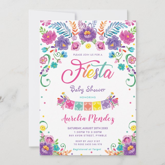 Chic Mexican Floral Blume Fiesta Baby Dusche Einladung (Vorderseite)