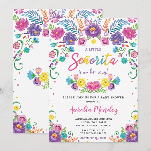 Chic Mexican Floral Senorita Baby Shower Girl Einladung (Vorne/Hinten)