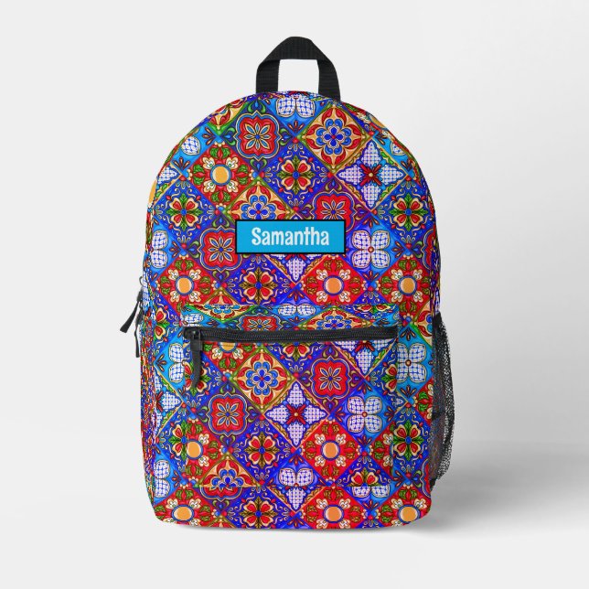Chic Mexican Talavera Blue lila Fliesen Monogramm Bedruckter Rucksack (Vorderseite)