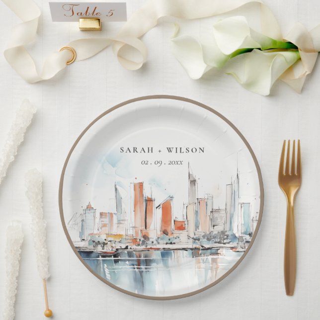 Chic Miami Florida Skyline Watercolor Wedding Pappteller (Hochzeit)