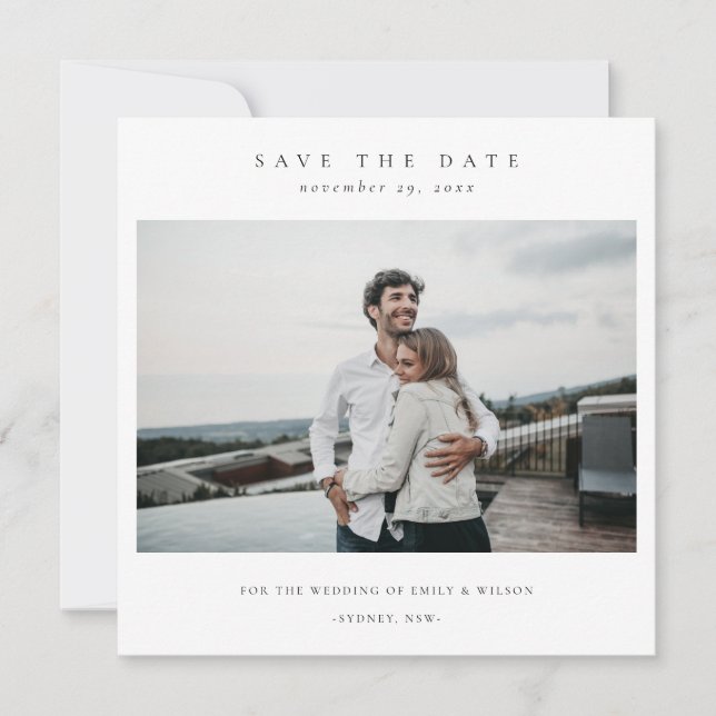 CHIC MINIMAL CLEAN CUSTOM FOTO SAVE THE DATE KARTE (Vorderseite)