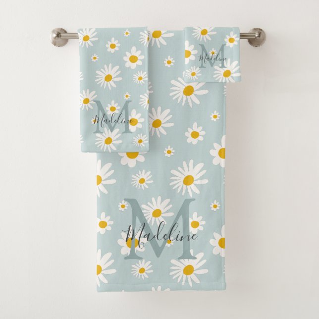 Chic Minimal Daisy Türkis Schrift Monogramm Badhandtuch Set (Insitu)