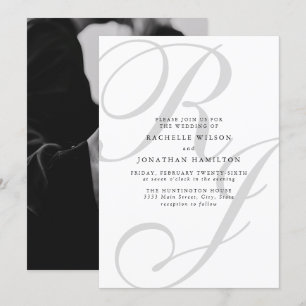 Chic Minimal Foto Schwarz-weiß Monogram Wedding Einladung