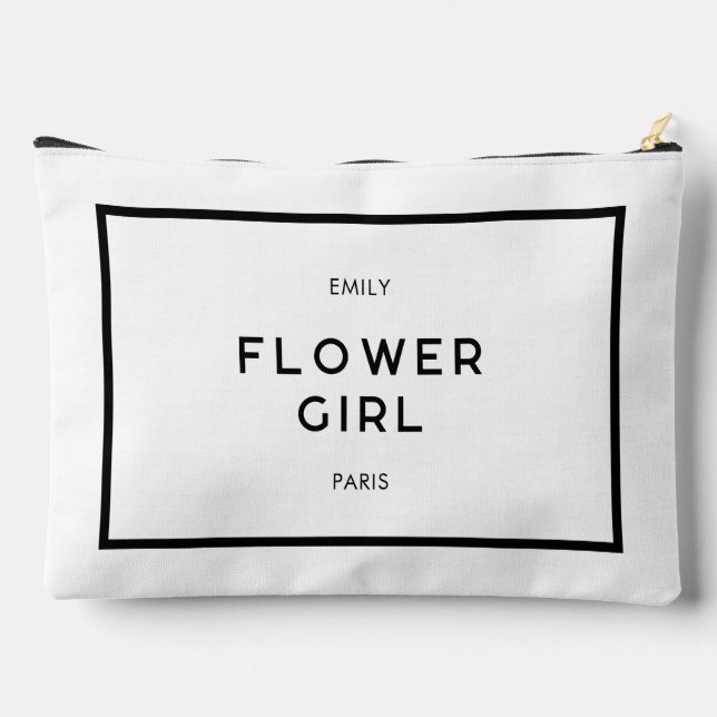 Chic Minimal French Black & White Flower Girl Name Zubehörtasche (Rückseite)