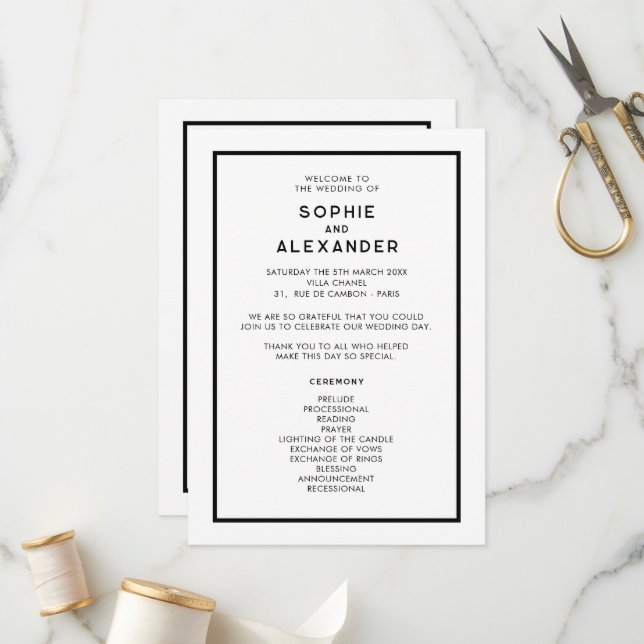 Chic Minimal French Black & White Wedding Programm (Vorderseite/Rückseite Beispiel)